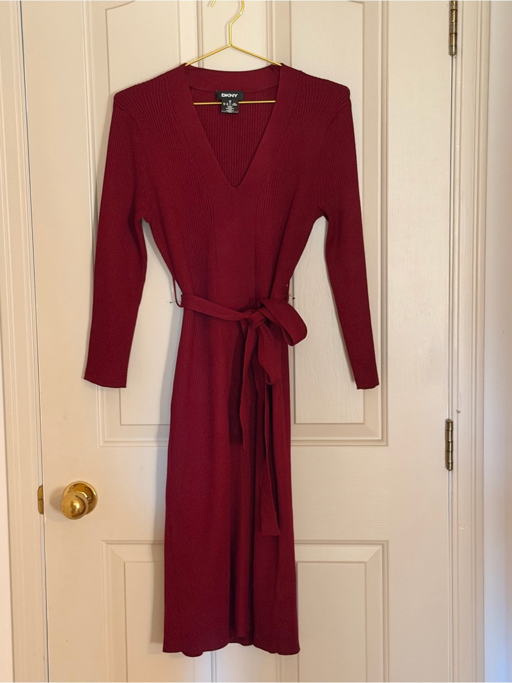 M DKNY Burgundy Long Sleeve Midi Wrap Dress